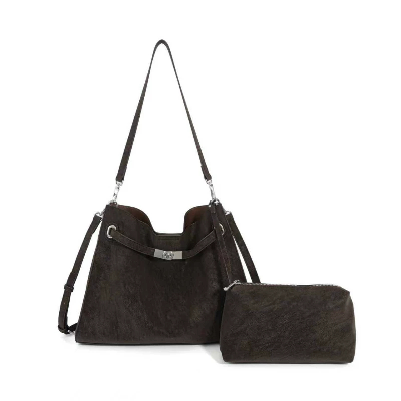 Retro-style suede texture large capacity tote bag and large capacity mother bag. Chocolate.