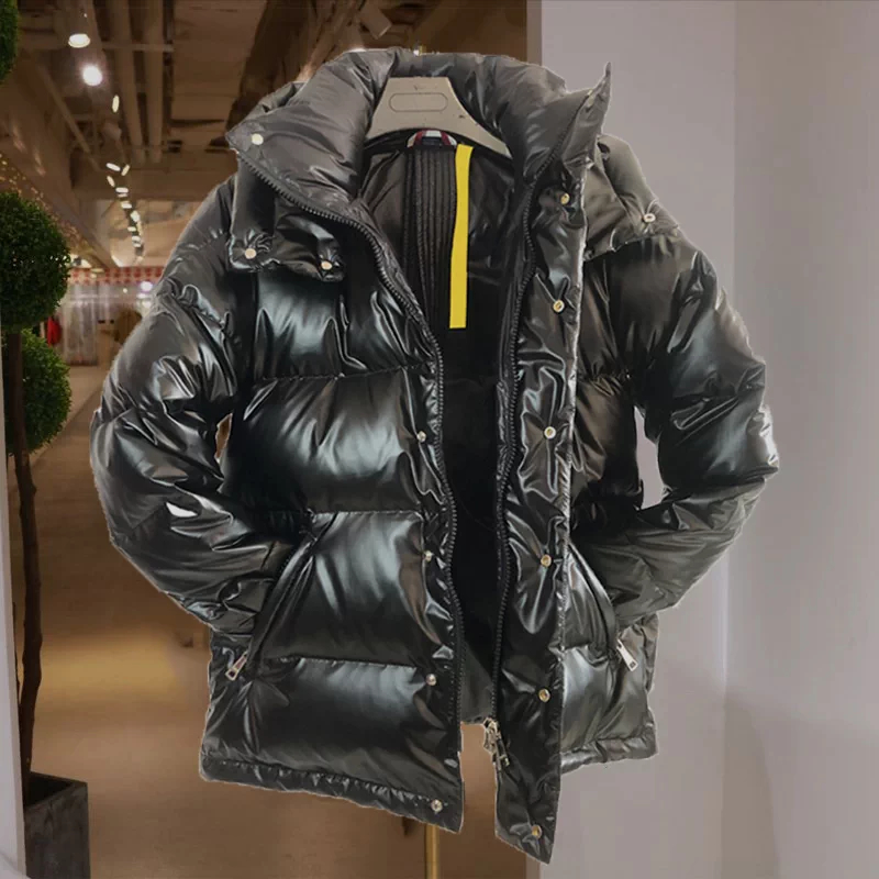 High-end black and gold glossy down jacket for men, winter 2026 new style, thick and warm short coat, leather jacket for men, winter clothing - 图片 2