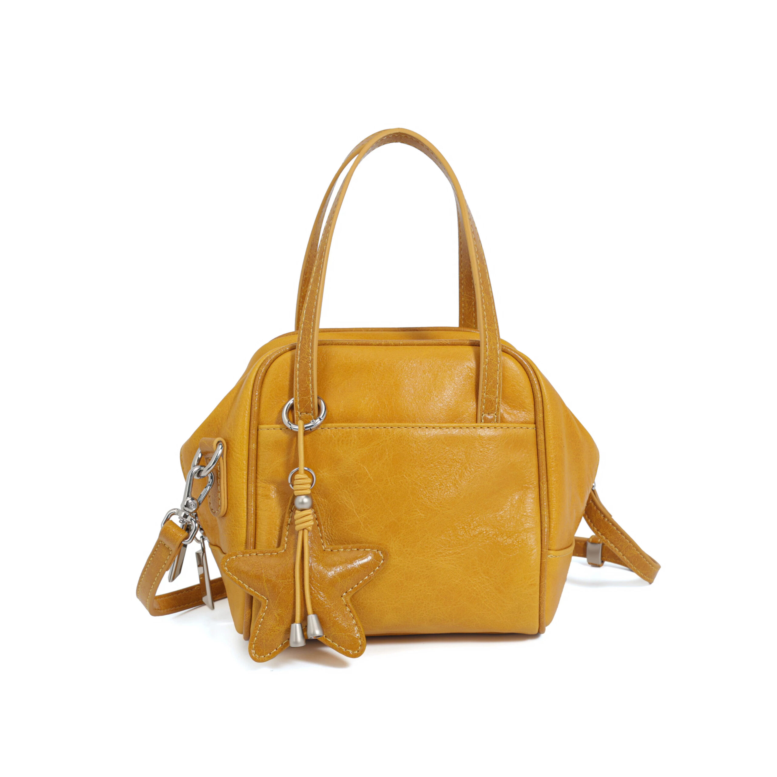 Retro oil wax leather handbag - niche design, large capacity, commuter women's bag, lemon yellow - 图片 2